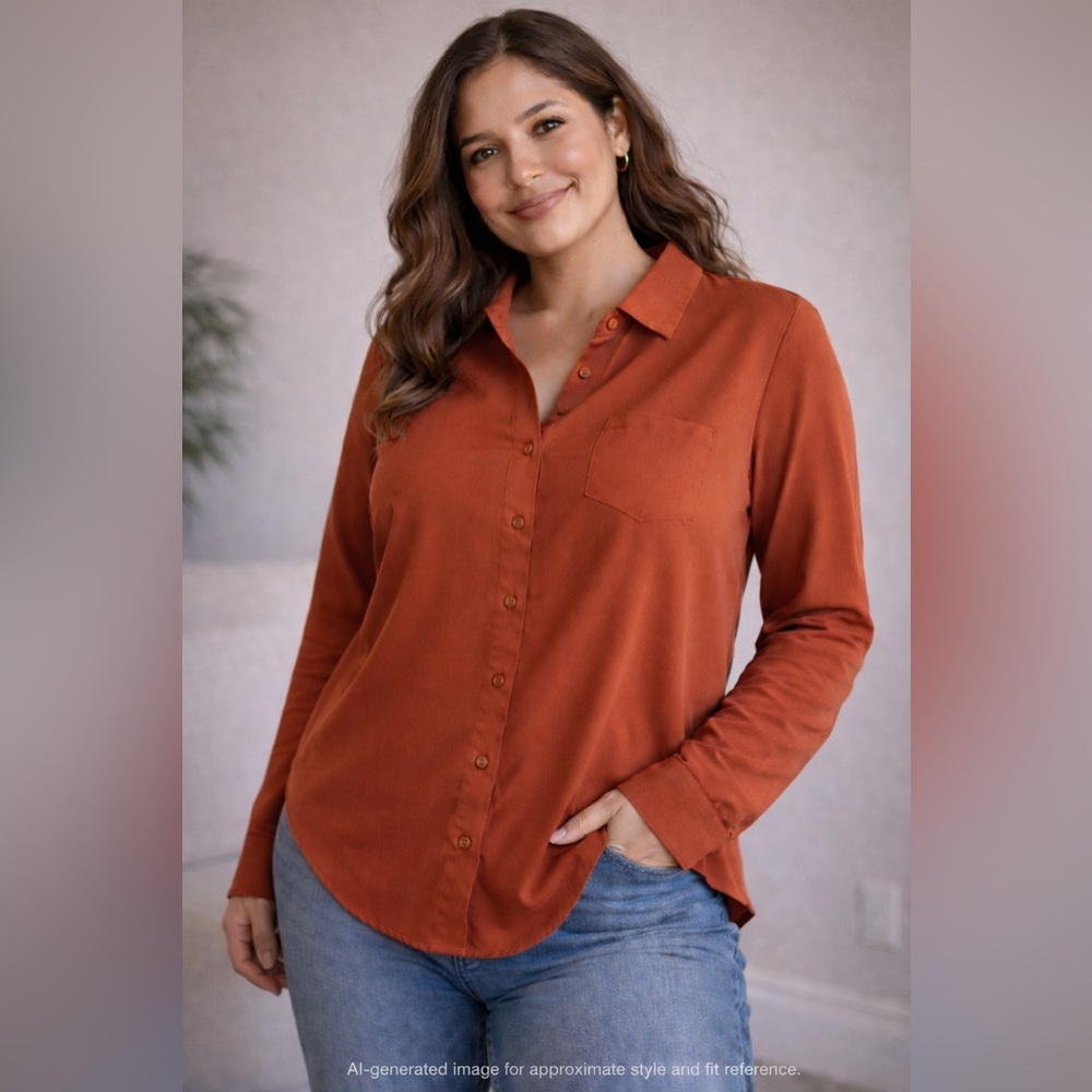 Rust Button Front Blouse Hi-Low Hem Long Sleeve Size L